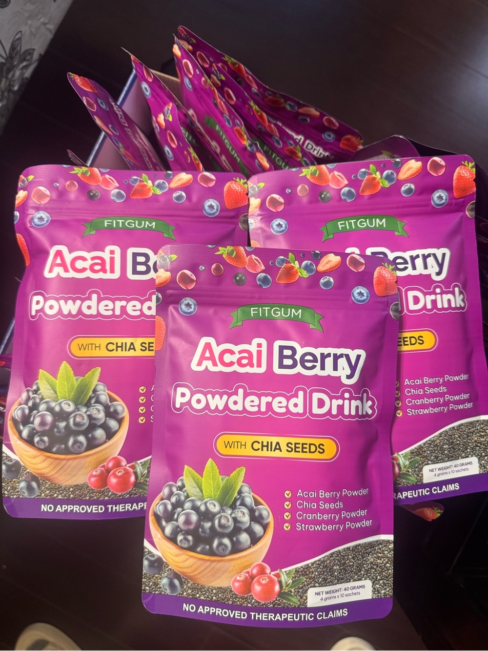 Acai Berry Powdered Drink with Chia Seeds - Purple for 3 Packs total of 30 PCS